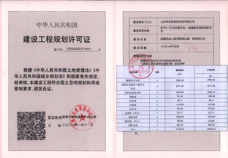 淄博市自然资源和规划局核发山东祥东新材料科技年产8.7万吨抗氧化剂、烷基酚及粗酚精制项目建设工程规划许可证